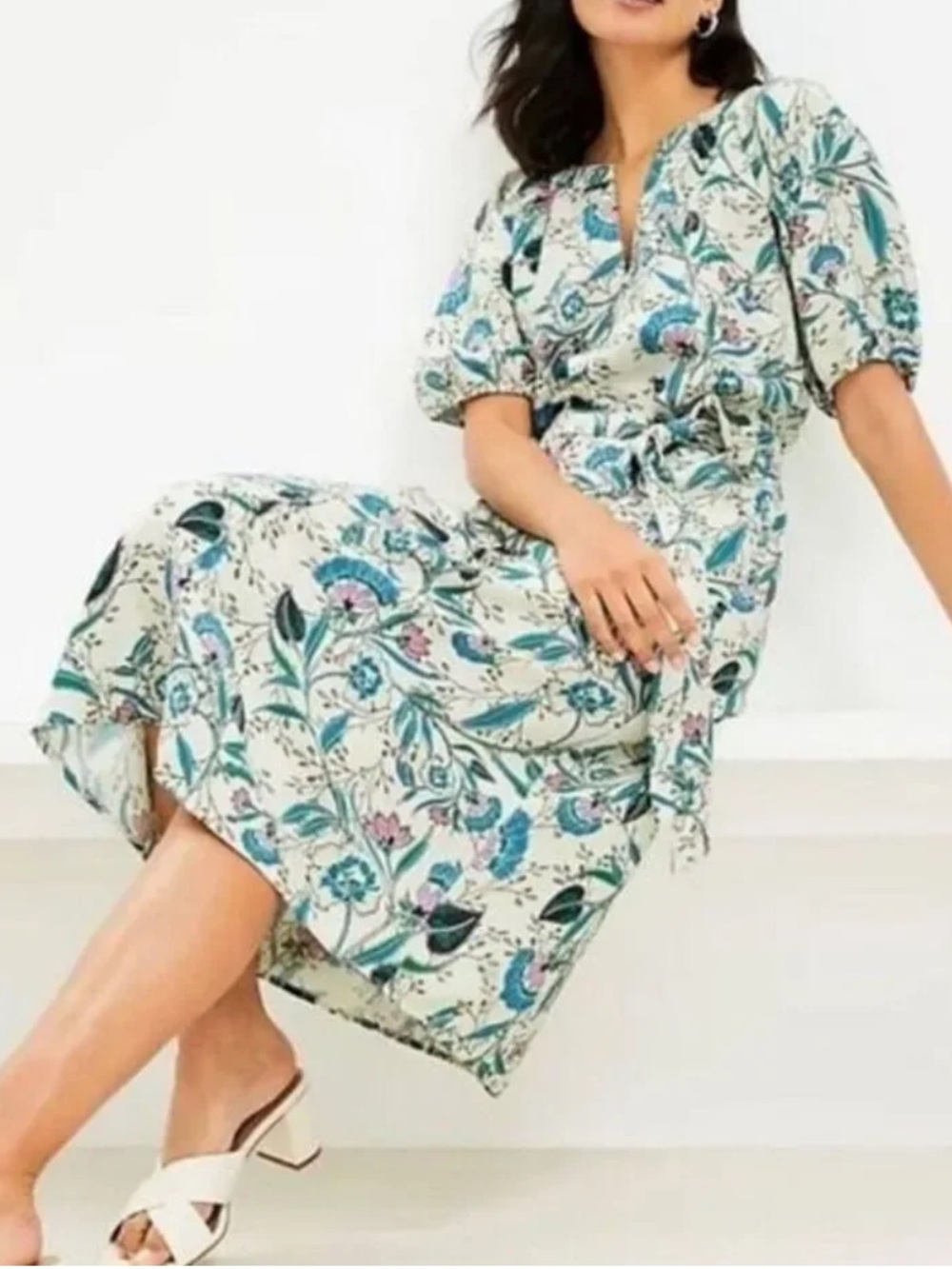 LOFT Cream Floral Tie-Waist Midi Dress with Teal & Pink Blooms